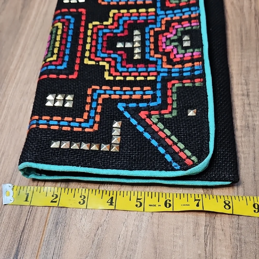 3AM Forever Women's Envelope Black Beaded Clutch with Multicolor Embroiderey